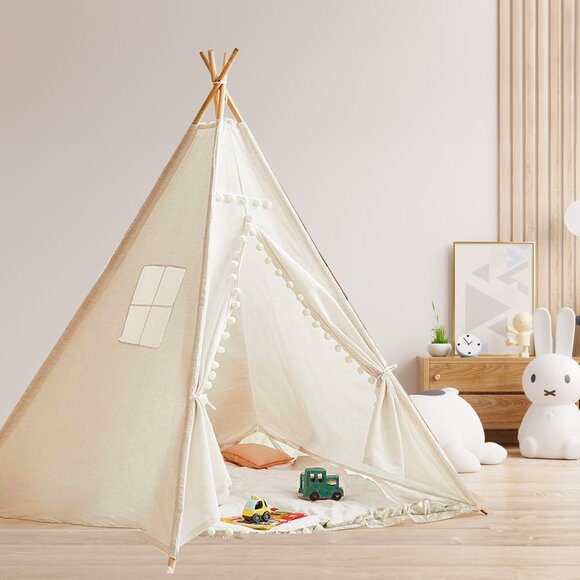 Large Foldable Kids Canvas Teepee Play Tent With Lights  ( White ) - Picture 4 of 7